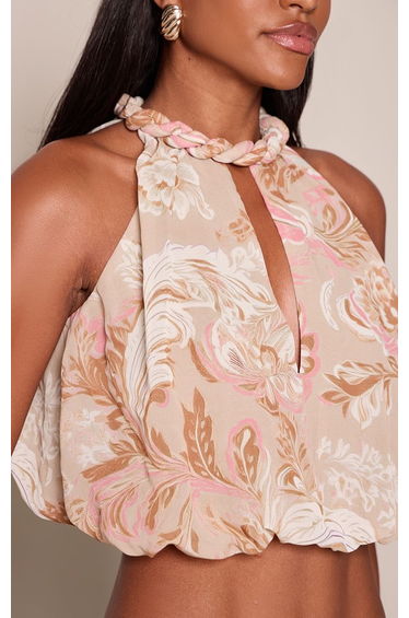 Cream Floral Printed Halterneck Top Co-ord product thumbnail 4