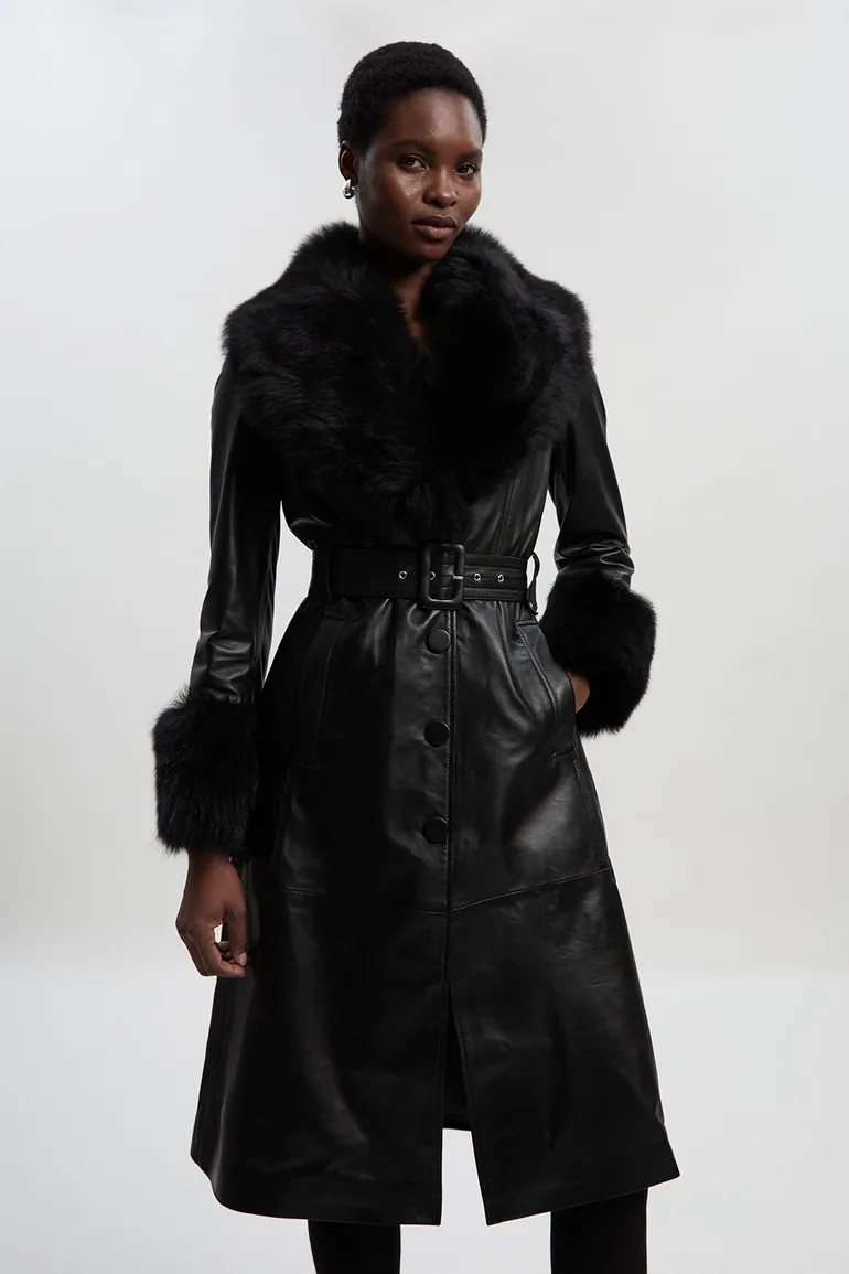 Shearling Cuff And Collar Leather Coat