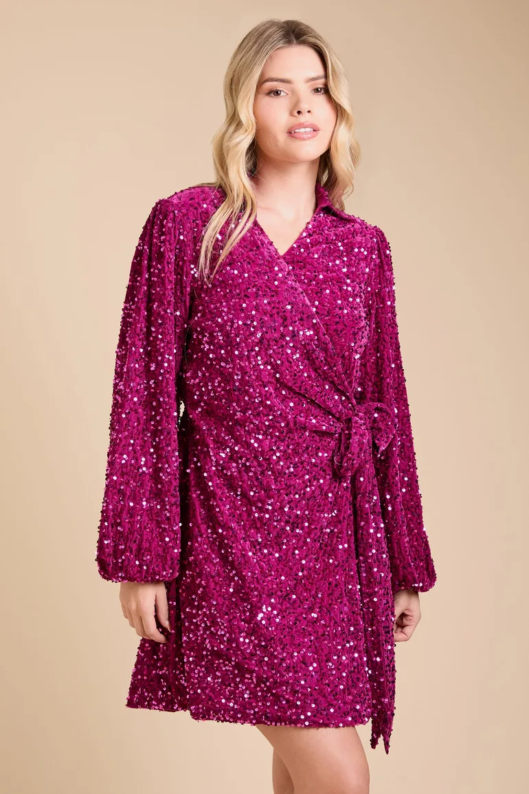 Velvet Sequin Collar Wrap Detail Mini Dress