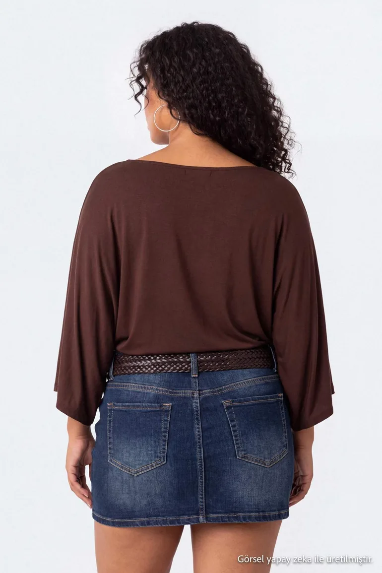 Brown Batwing Sleeve Soft Flowy Knitted Plus Size Blouse - 5