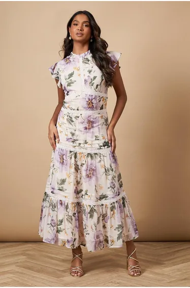 Floral Printed Chiffon Lace Insert Dress
