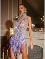 Buggan Rhinestone Fringe Mesh Mini Bodysuit In Purple - 1