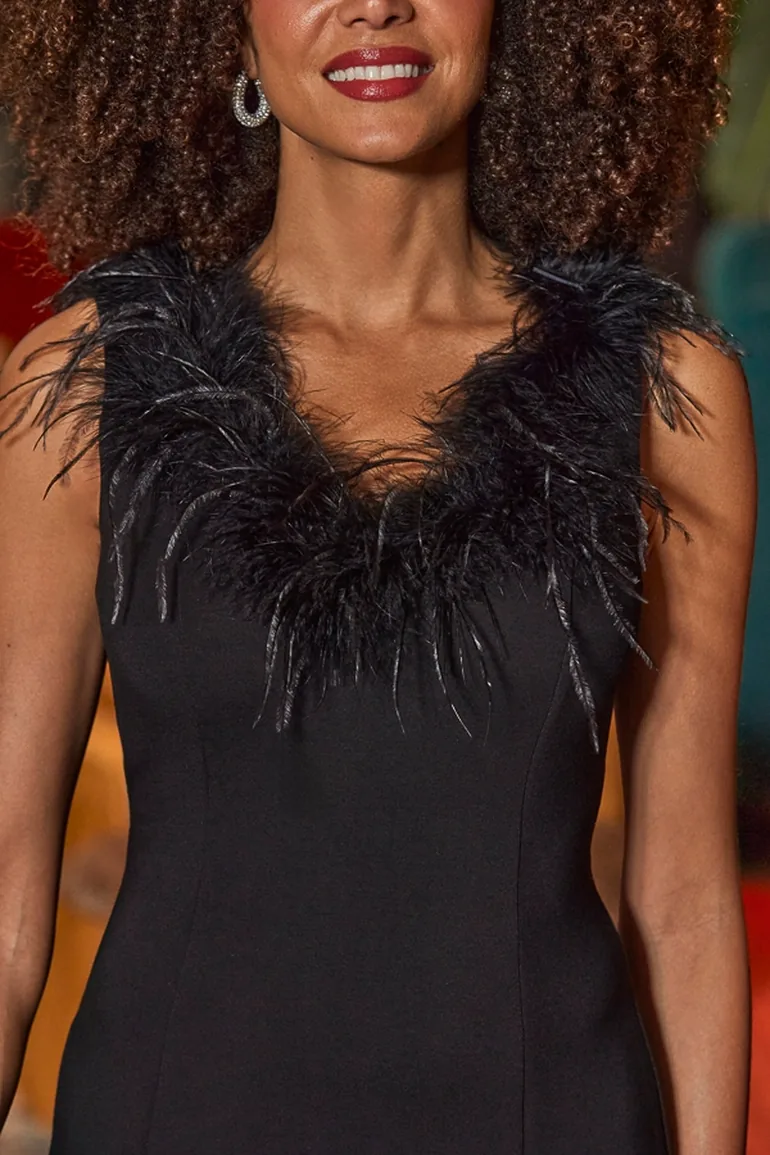 Black Feather Trim Body-Sculpting Dress - 1