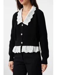 Black Crop Woven Garni Detailed Knitwear Cardigan - 3