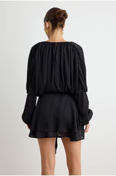 Black Tie-Detail Boho Woven Satin Mini Dress with Shorts Inside product thumbnail 3