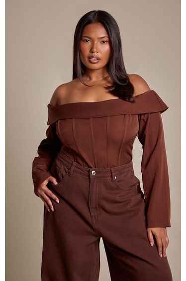 Plus Chocolate Bardot Corset Detail Long Sleeve Bodysuit product thumbnail 2
