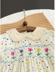 Girls Floral Embroidered Smocked A-Line Dress - 1