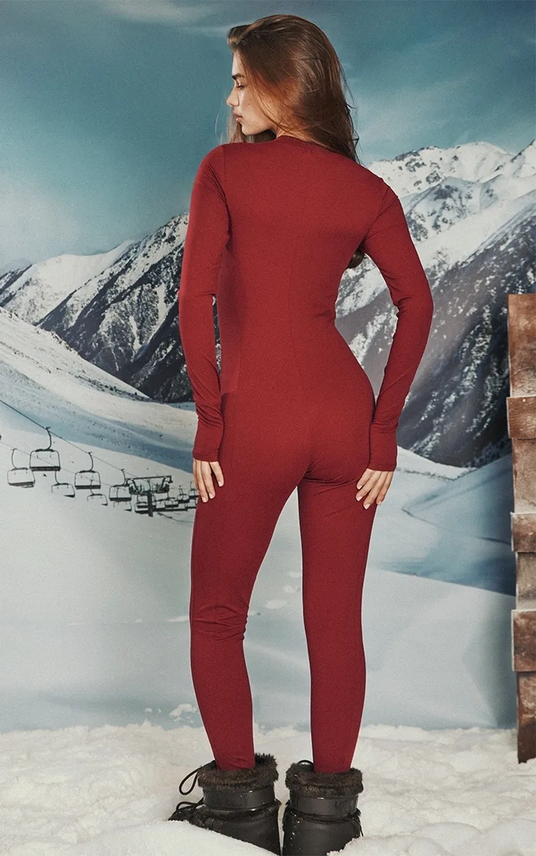 PLT SKI Wine Sculpt Seam Detail Zip Front Unitard - 1