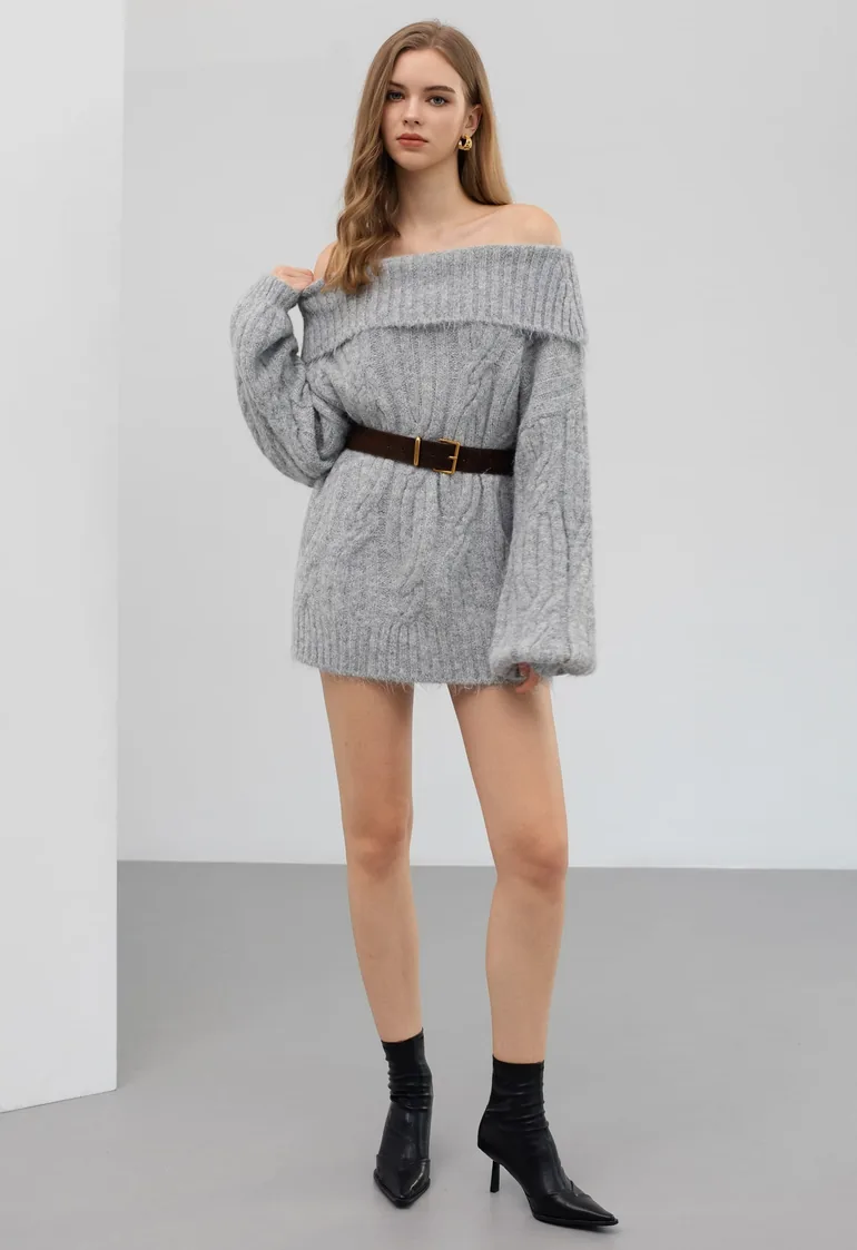 Folded Off-Shoulder Puff Sleeve Cable Knit Sweater Dress in Grey for Brunch Dates & Holiday Market