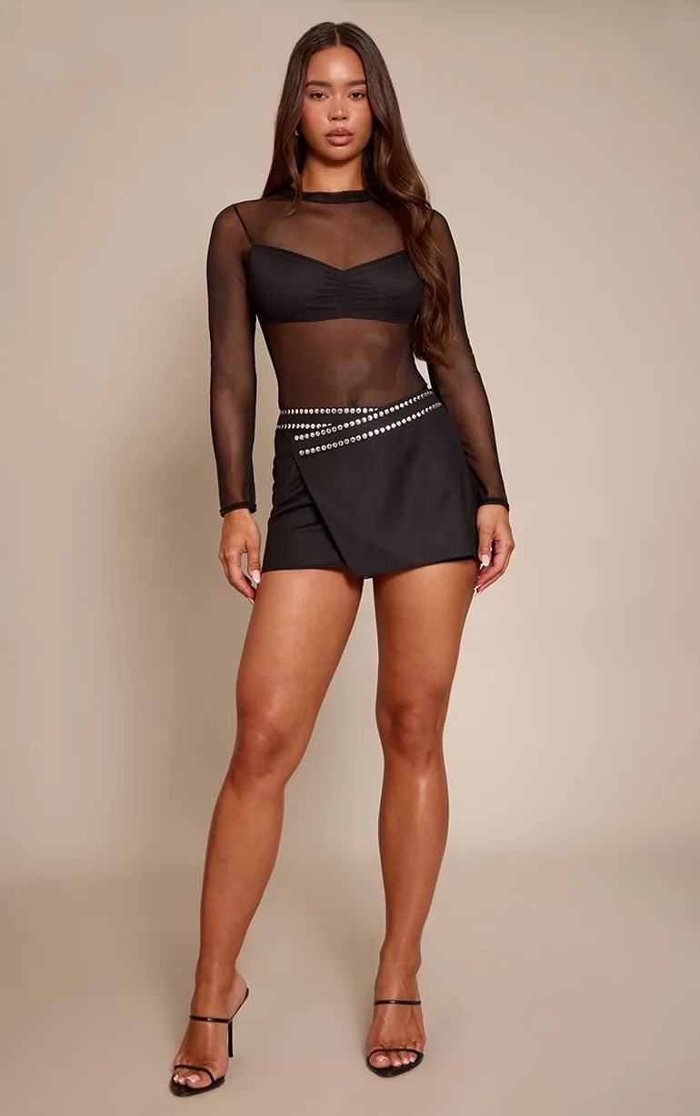 Black Studded Wrap Over Mini Skirt - 6