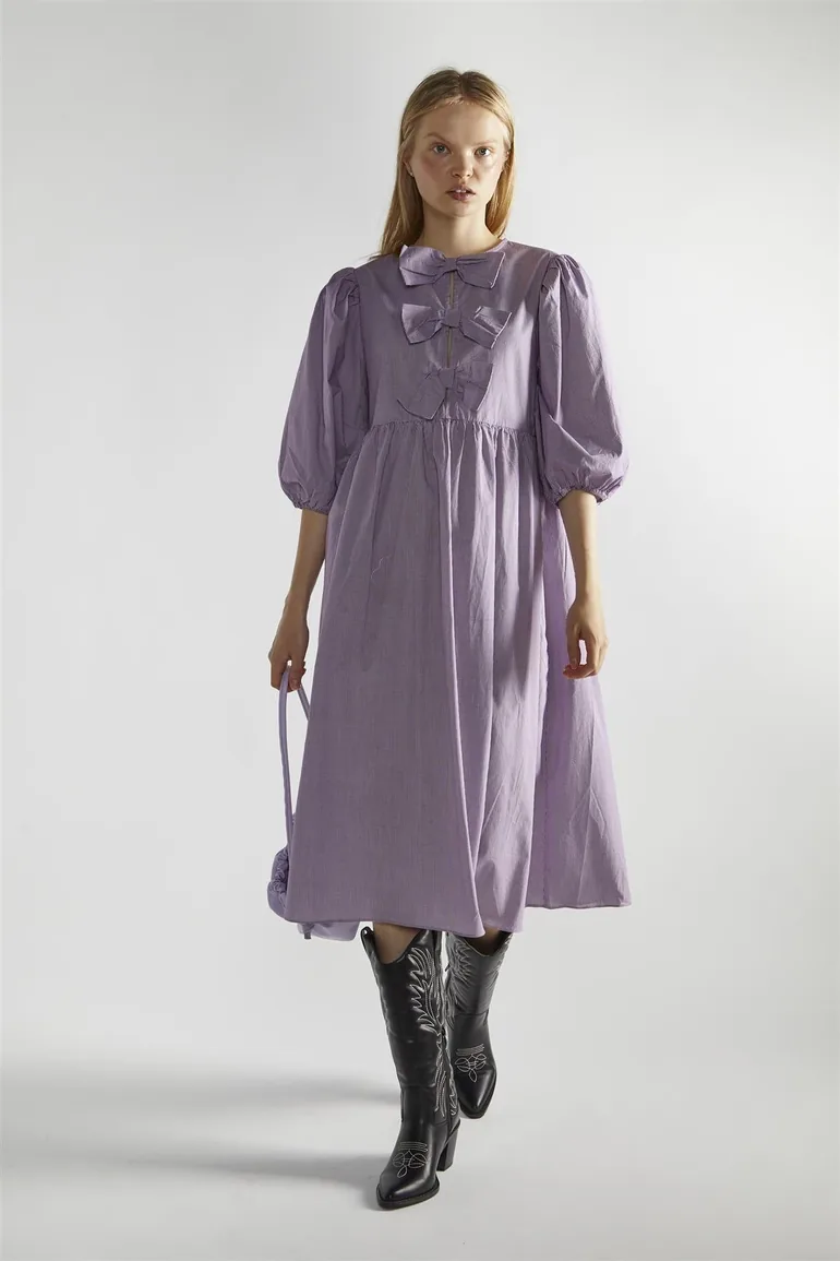 Purple Gingham Bow Detail Midi-Dress