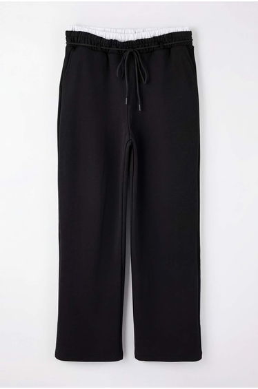 Black Beli Poplin Detailed Lace-Up Wide Leg Large Size Sweatpants product thumbnail 2