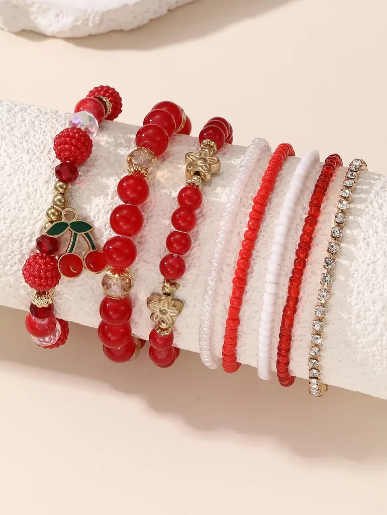 Pack of 8 - Girls Multi-Color Beaded Bracelets with Cherry Charm - 4