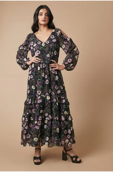 Occasion Printed Metallic Cold Shoulder Maxi Dress