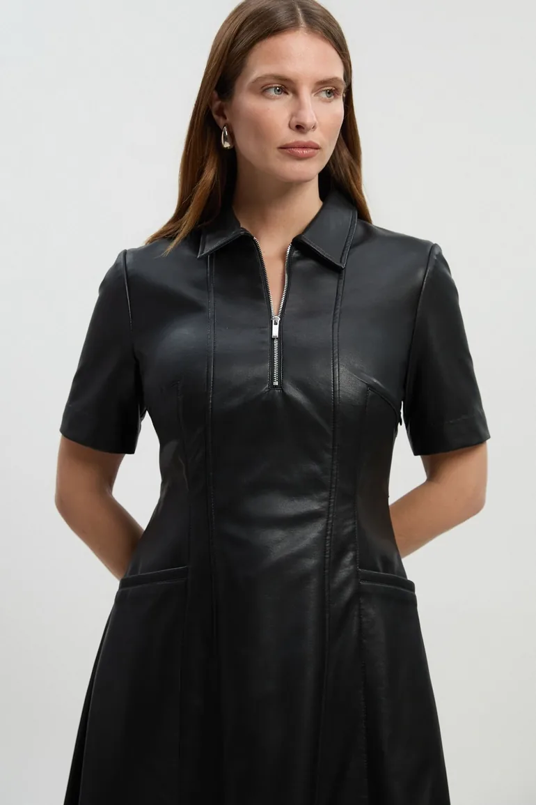 Faux Leather Collared Midi Shirt Dress - 1