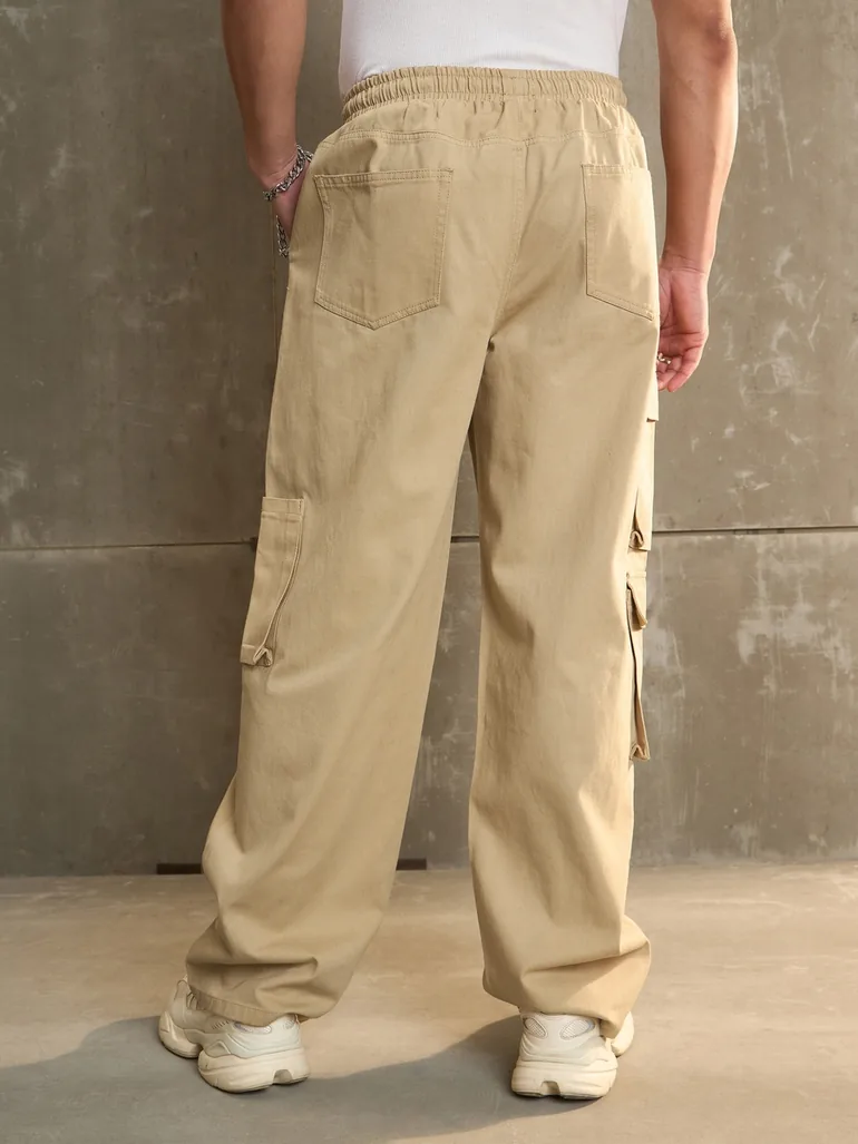 Beige Wide Leg Cargo Trousers - 4