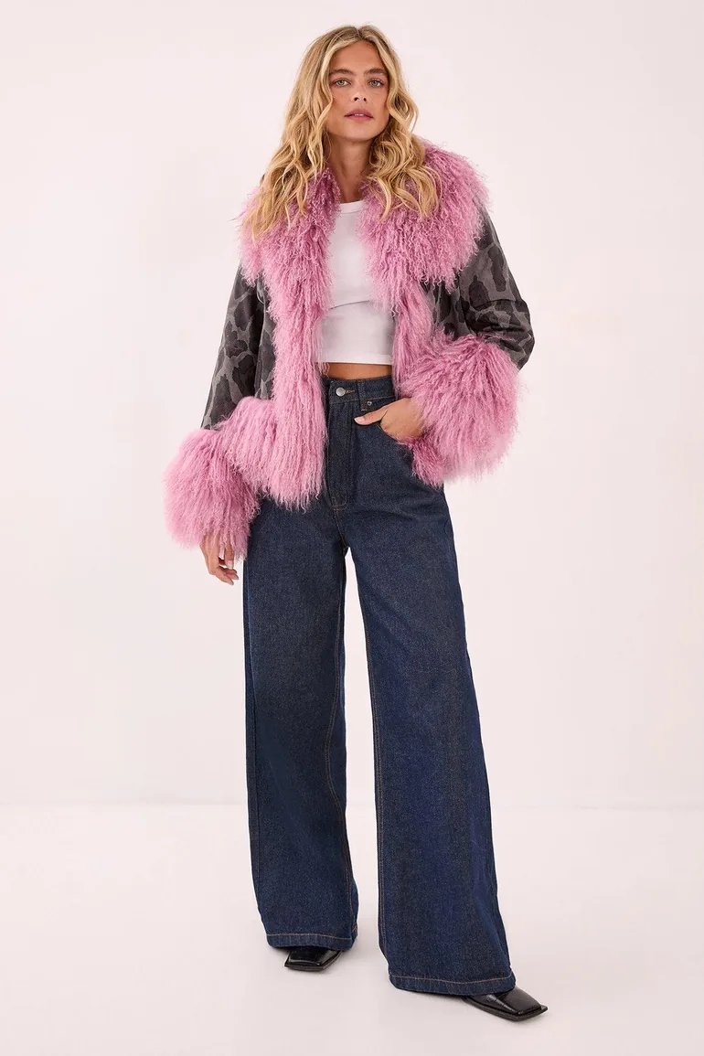 Premium Shearling Leopard Real Suede Jacket