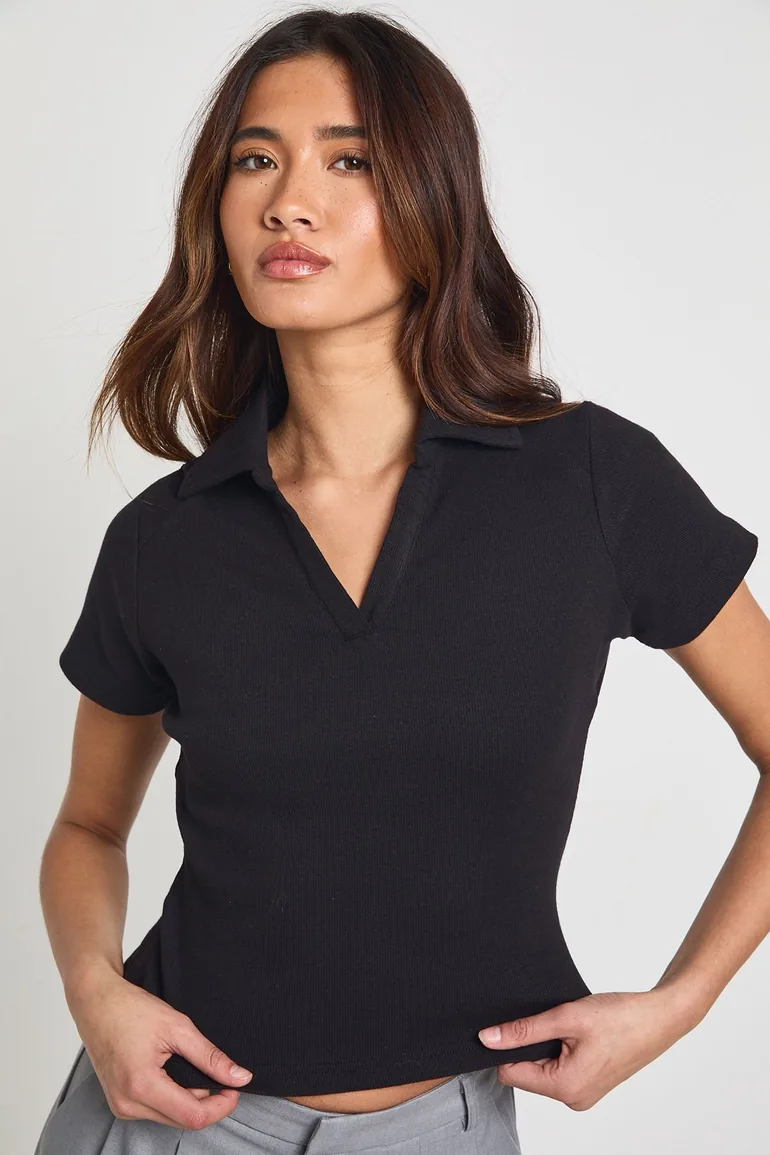 Ribbed Short Sleeve Open Collar Detail Top - black - 1