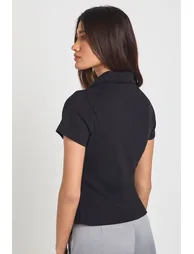 Ribbed Short Sleeve Open Collar Detail Top - black - 2