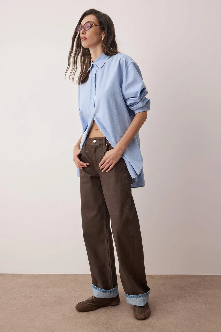Brown Regular Waist Coated Detail Wide Leg Jeans - 1