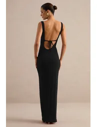 Black Square-Neck Maxi Dress With Front Split - 1