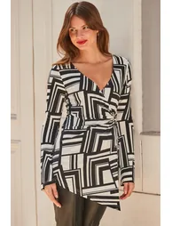 Ivory Geometric Print Longline Wrap Top With Hoop Detail - 4