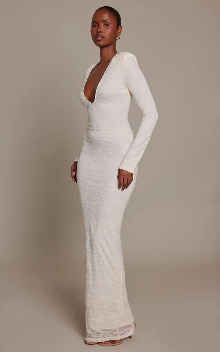 Cream Lace Long Sleeve Shoulder Pad Plunge Maxi Dress - 2