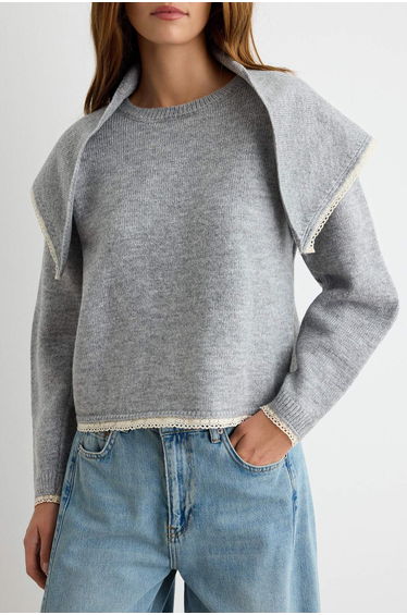 Dark Gray Soft Textured Lace Detailed Crew Neck Shawl Collar Knitwear Sweater product thumbnail 3
