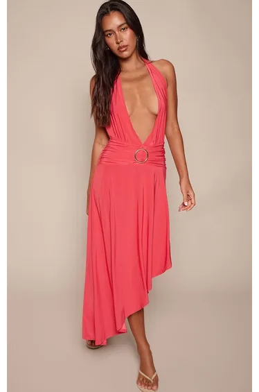 Fuchsia Double Layer Slinky Deep Plunge Trim Asymmetric Maxi Dress