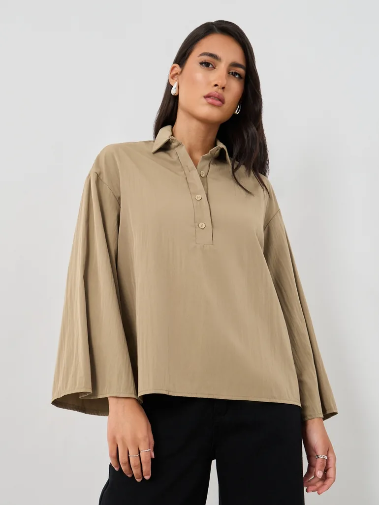 Solid Spread Collar Boxy Fit Shirt - 1