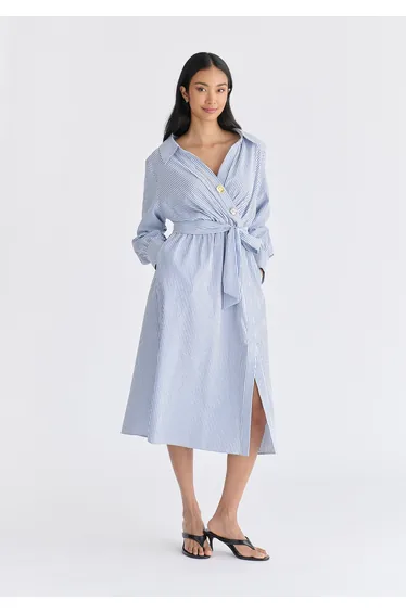 Wrap Midi Shirt Dress with Metallic Button Details