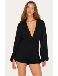 Black Long Sleeve Plunge Twist Detail Playsuit - 1