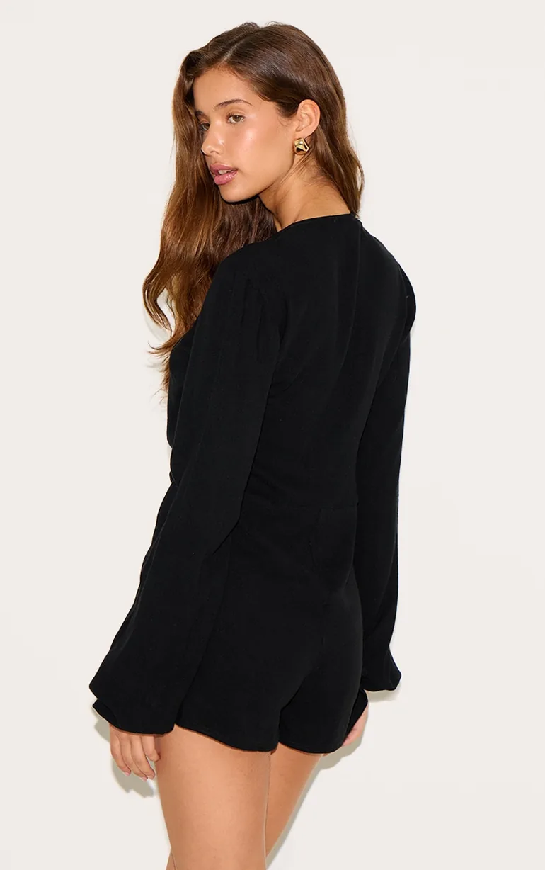 Black Long Sleeve Plunge Twist Detail Playsuit - 2
