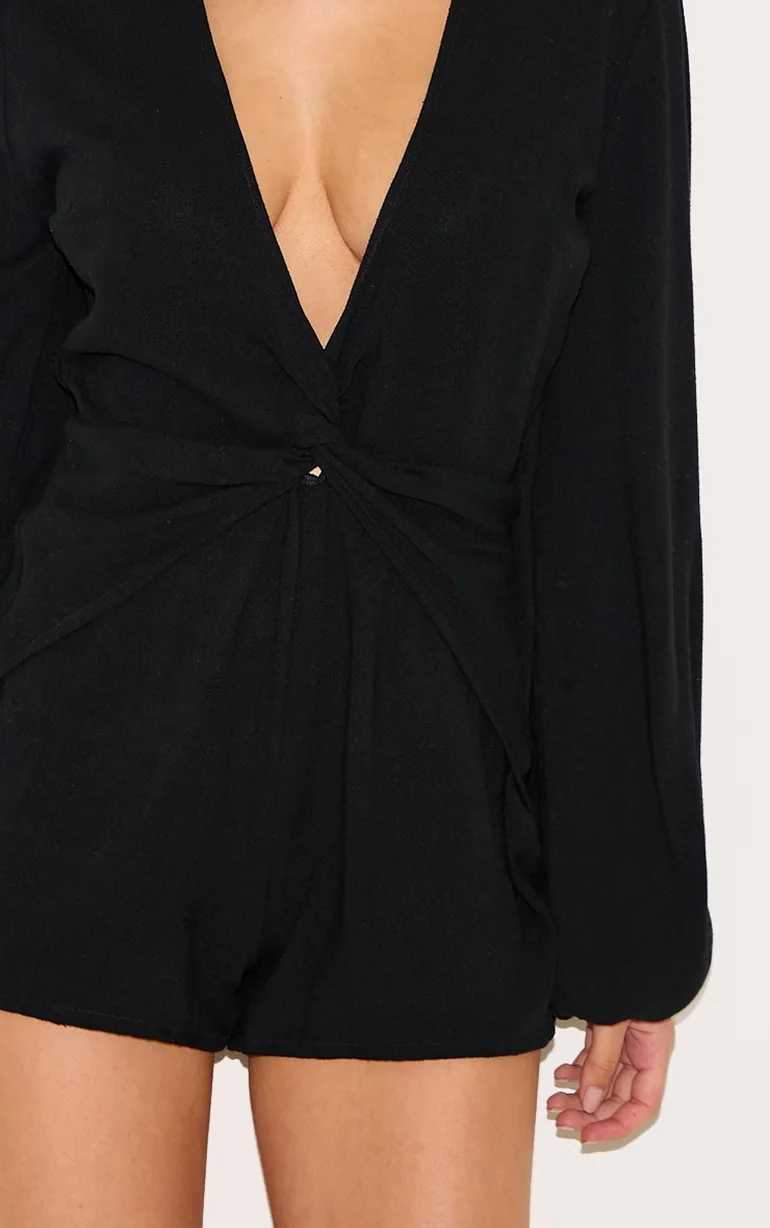 Black Long Sleeve Plunge Twist Detail Playsuit - 3