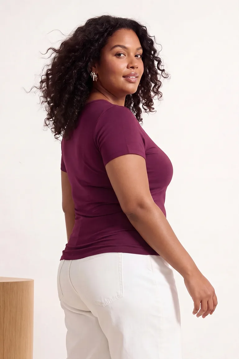 Claret Red Viscose Rib Knit Side Ruched Knitted Plus Size Blouse - 5