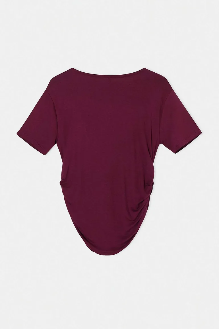 Claret Red Viscose Rib Knit Side Ruched Knitted Plus Size Blouse - 3