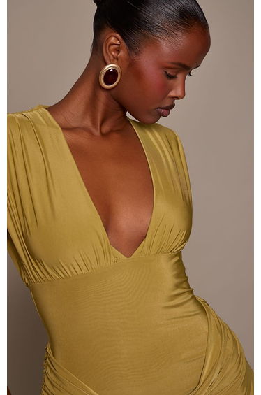 Olive Double Layer Plunge Ruched Shoulder Drape Waist Maxi Dress product thumbnail 4