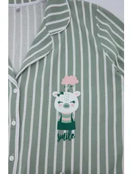 Mint Printed Shirt Collar Knitted Shirt Collar Plus Size Pajama Set - 3