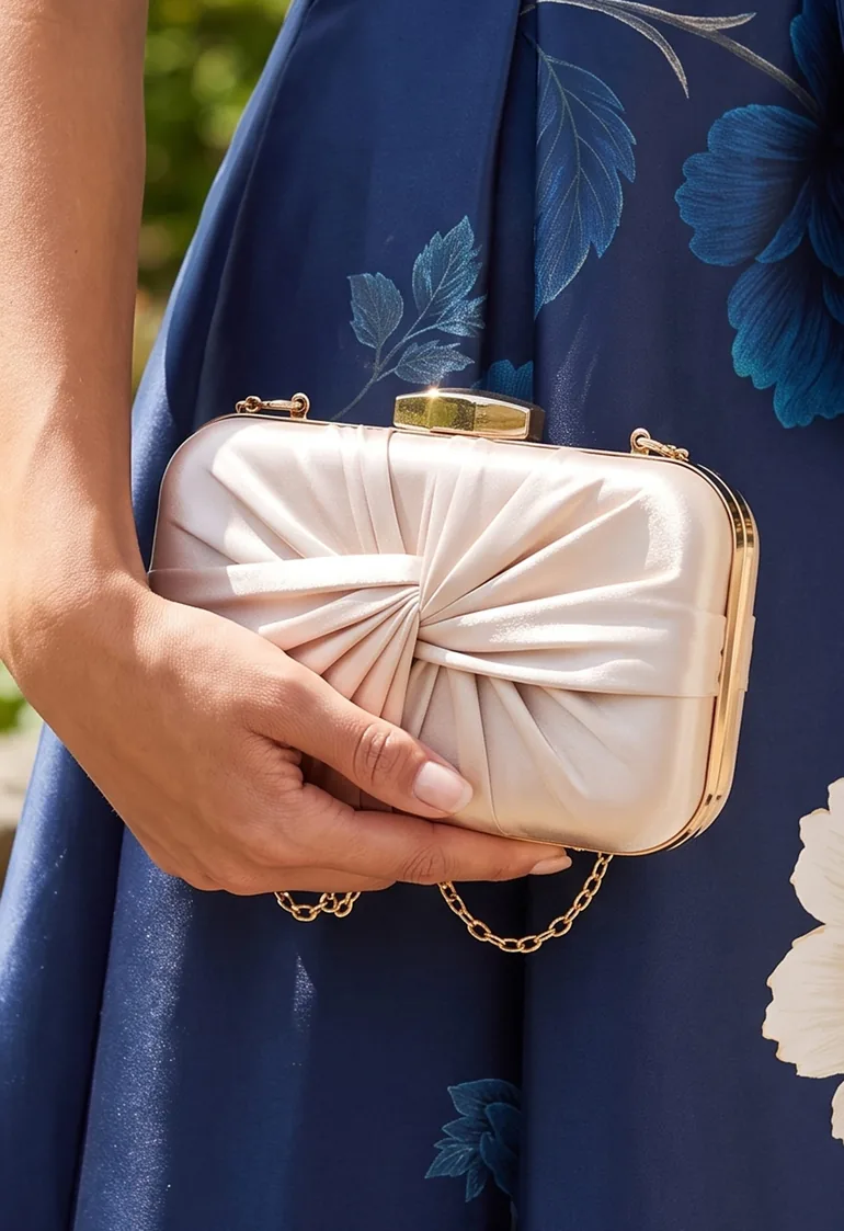 Ruched Knotted Satin Clutch in Champagne