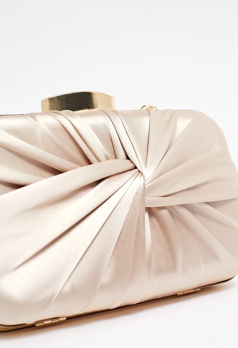 Ruched Knotted Satin Clutch in Champagne - 7