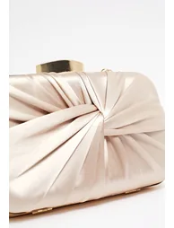Ruched Knotted Satin Clutch in Champagne - 7