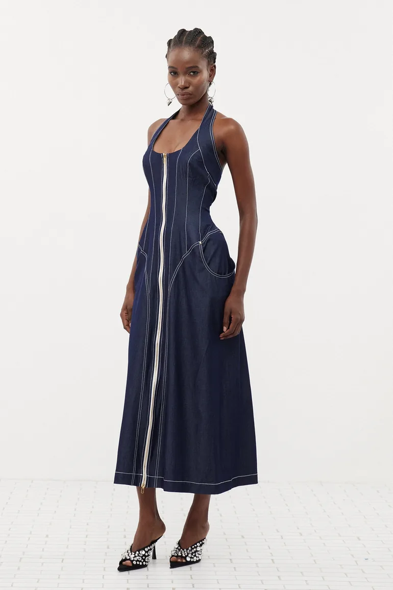 Cirillo Halter Neck Corset Denim Maxi Dress - 1