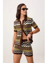 Brown Color Block Shir-Blouse Knitwear Bottom - Top Set - 1