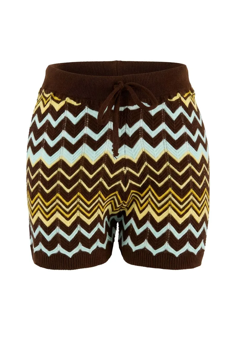 Brown Color Block Shir-Blouse Knitwear Bottom - Top Set - 6