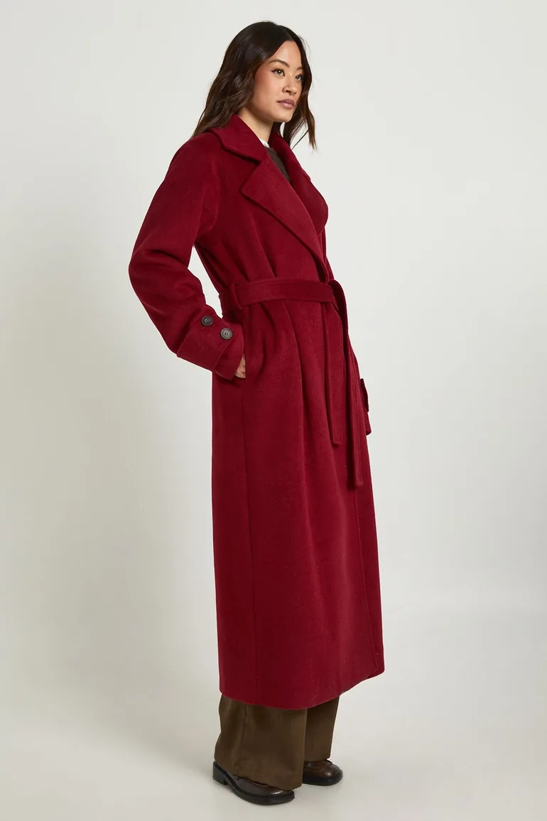 Tall Belted Wool Blend Coat - burgundy - 2