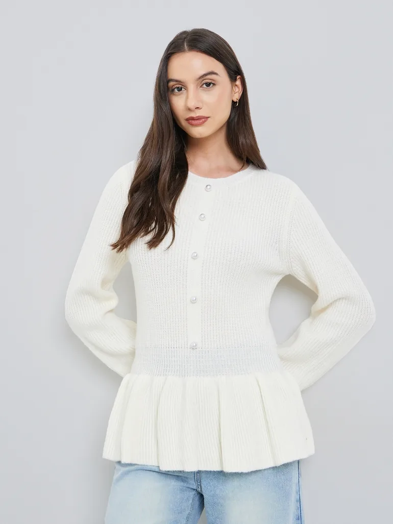 Solid Button Front Ruffled Hem Sweater - 1