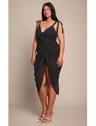 Plus Black Polka Dot Textured Bardot Midi Dress - 2