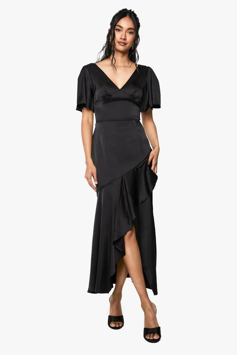 Satin Angel Sleeve Midaxi Dress - black