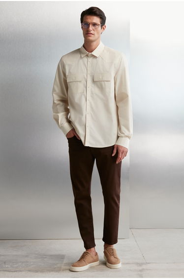 GRIMELANGE KELVIN Men's Oversize 100% Cotton Thick Textured Technical Look Flap Pocket Stone Color Shirt product thumbnail 2