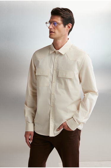 GRIMELANGE KELVIN Men's Oversize 100% Cotton Thick Textured Technical Look Flap Pocket Stone Color Shirt product thumbnail 4